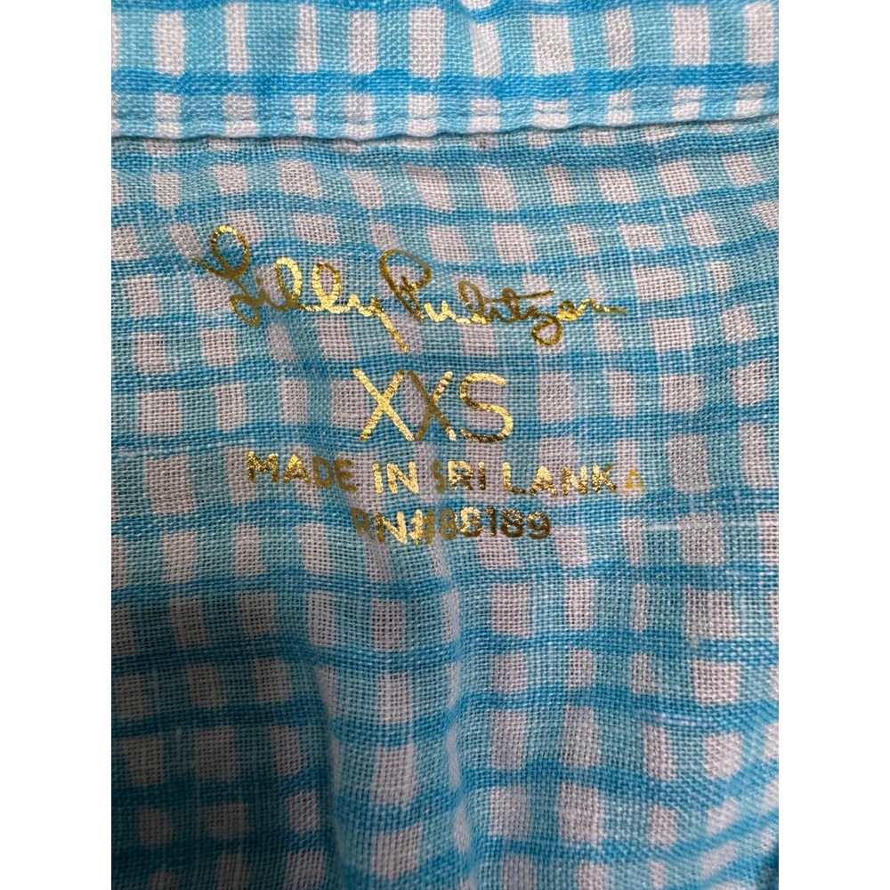 Lilly Pulitzer Sea View Linen Button Down Top Womens XXS Gingham Plaid Blue - Picture 2 of 7